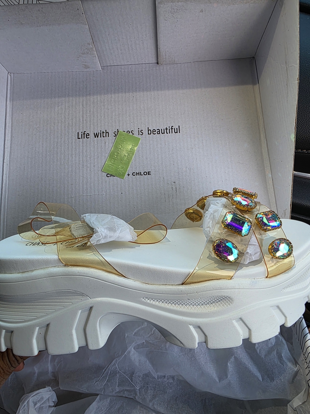 Women’s White Platform Slide Sandals with Gold Accents